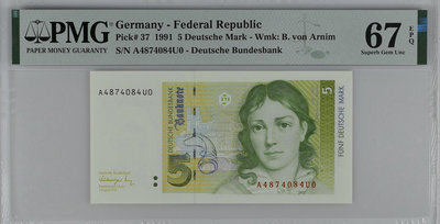 X 1991年德國5馬克紙鈔 歐洲錢幣 PMG評級67E