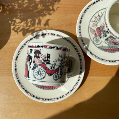 中古Vintage日本昭和復古咖啡杯老貨歐式人物馬車畫片 日266