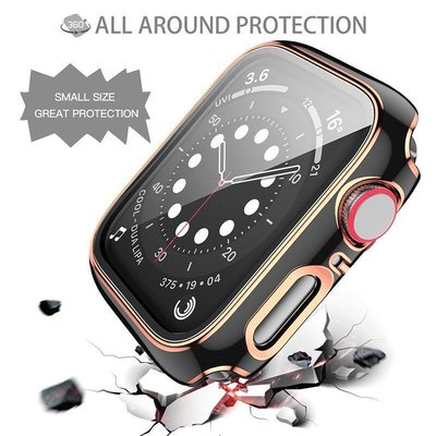 手機殼 保護膜適用蘋果手錶殼 雙色電鍍 Apple Watch 7 SE 6 5殼膜一體式PC殼+鋼化保護貼 防摔防撞保護套45mm-CC0307-潮輝科技