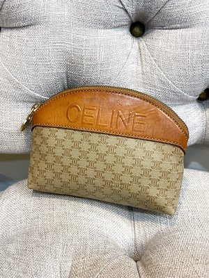 Celine 二手真品 vintage 經典logo pvc 拼接 牛皮 化妝包 收納包 手拿包 萬用包