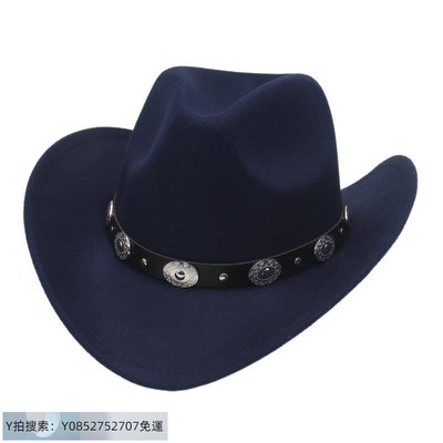 牛仔帽少數民族風毛呢西部牛仔禮帽皮帶鉚釘裝飾男女情侶帽 Cowboy Hat~特賣