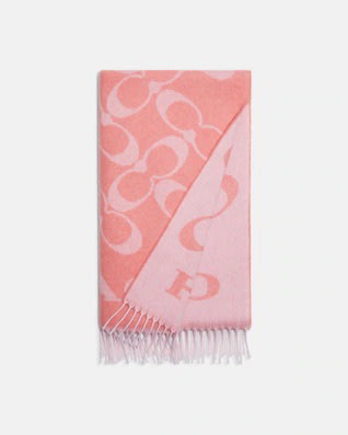 EL~COACH CB684 粉色 logo 羊毛 圍巾(雙面用) 現貨 附購證 特價3580