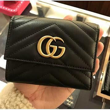 Gucci GG Marmont Wallet 474802 黑色斜紋縫線 真皮三折式短夾 卡夾 皮夾