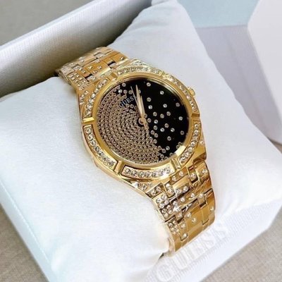 GUESS Afterglow 水鑽圈 鑲晶鑽黑色錶盤 金色不鏽鋼錶帶 石英 女士手錶 GW0312L2