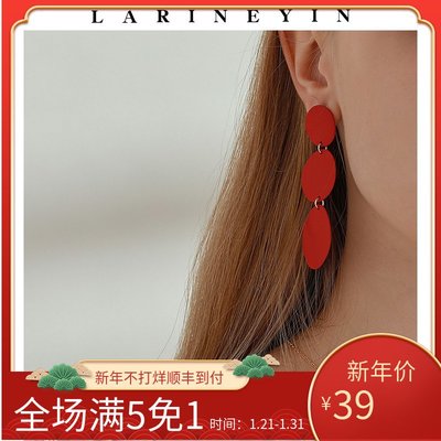 宏美飾品館~Larine Yin 復古圣誕新年本命年時尚紅色長款幾何耳環 小眾設計