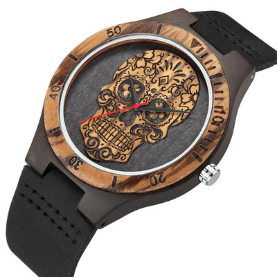 男士手錶 跨境專供骷髏頭木質手錶石英刻度錶盤雙拼色手錶圓錶盤男錶批發