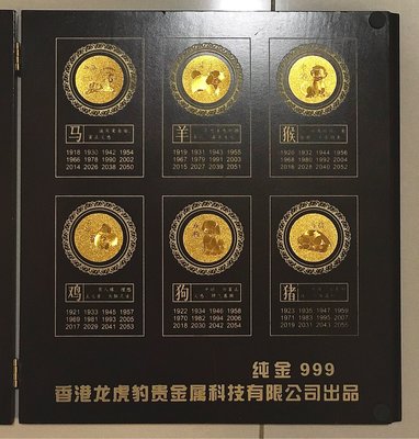 早期收藏  - 香港發行 世紀珍品 24K純金999 12生肖動物圓形金箔 紀念款臻藏