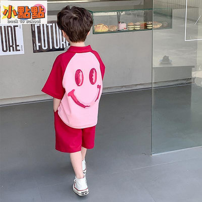 【小點點】男童套裝夏季時尚韓版寶寶夏裝短袖POLO領洋氣粉色兒童兩件套 童裝