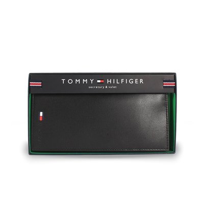 美國百分百【全新真品】Tommy Hilfiger 真皮 皮夾 卡片夾 TH 長夾 錢包 簡約 禮盒 男 黑色 G887