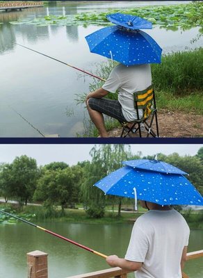 雙層湖藍黑膠（80cm）←規格釣魚傘帽 雙層防風防紫外線 頭戴雨傘防曬折疊頭傘遮陽傘帽