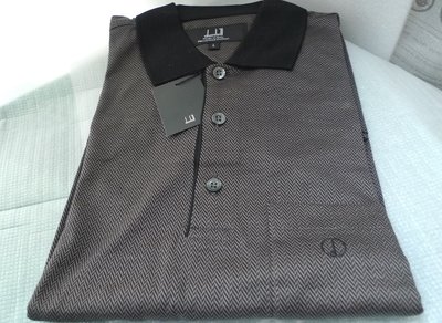Dunhill ，靜奢精品，義大利製，純絲光棉，長袖，黑/米褐色幾何圖案Polo衫，size: L，全新， 折讓
