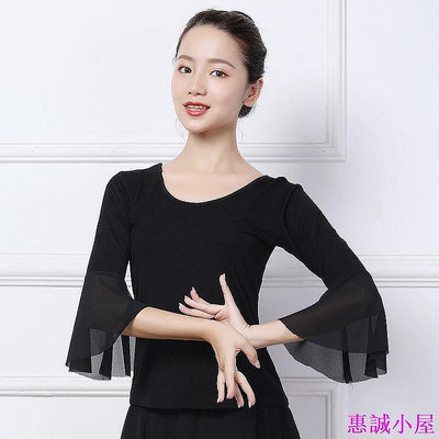 舞蹈服裝上衣女新款紗袖跳舞服莫代爾拉丁舞練功服成人廣場舞上衣廣場舞短袖 舞蹈