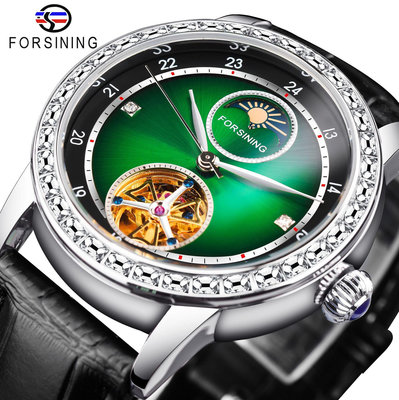 現貨男士手錶腕錶Forsining新款翡翠綠男錶鏤空面手錶夜光自動機械男腕錶陀飛輪