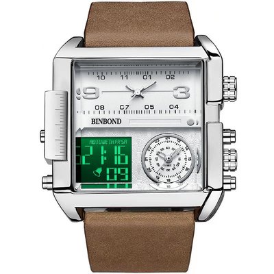 手錶賓邦時尚潮人男士方形大表盤霸氣三顯石英表手表直銷