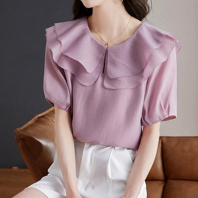 全館免運 襯衣 雪紡上衣 甜美  小衫 S-XL新款襯衫設計感小眾紫色荷葉領短袖上衣雪紡衫T604-2251.