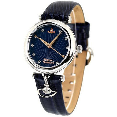 Vivienne Westwood  手錶  39×32×9mm 土星吊飾 水鑽海軍藍面盤 皮革錶帶 女錶 上班族 生日 禮物 VV108SLDBL