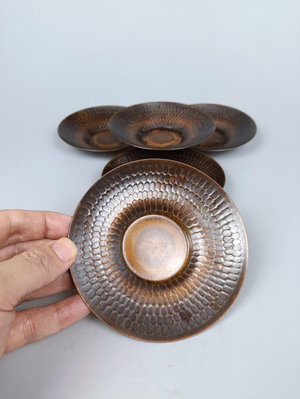 日本老銅茶托昭和時期敲目紫銅杯墊一套五客中古茶具回流老物件