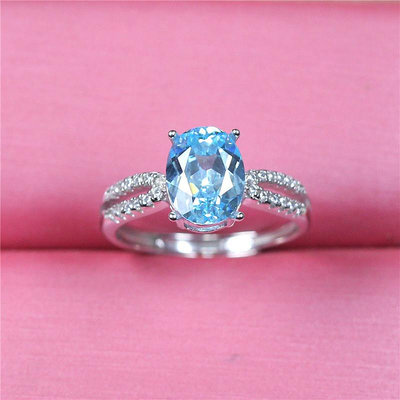 戒指海藍寶戒指淺藍寶石彩寶珠寶女冷淡風可調節925純銀活口