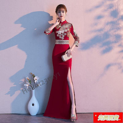中式婚禮旗袍洋裝新娘魚尾敬酒洋裝紅色長宮廷洋裝公主qab5