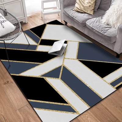 可定制時尚大理石紋藍色幾何ins黑白色大理石金色條臥室客廳地墊地毯