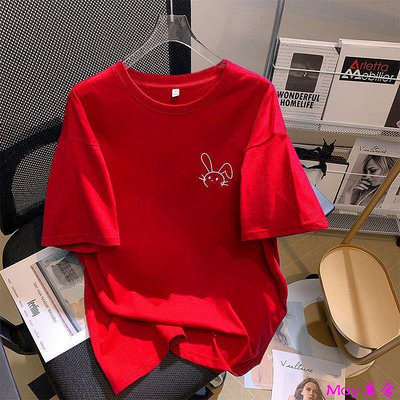 【現貨】Red T-shirt100%純棉兔年本命年短袖T恤女打底衫2024紅色衣服體恤上衣潮10.3-May美舍