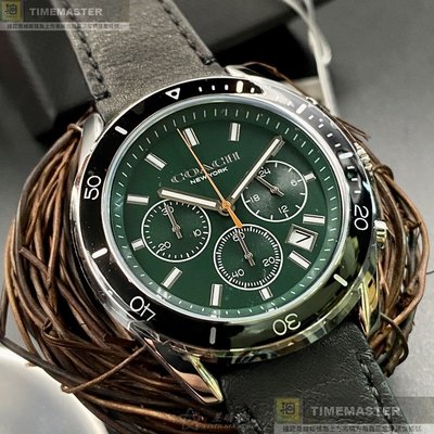 COACH手錶,編號CH00123,42mm銀黑圓形精鋼錶殼,墨綠色三眼, 運動錶面,深黑色真皮皮革錶帶款,星晴錶大推