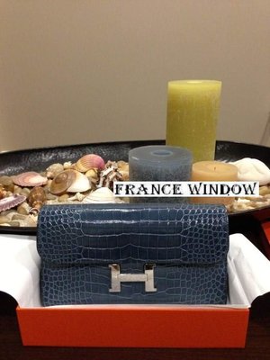 France Window  Hermes愛馬仕 N7風暴藍色 鱷魚皮銀扣 長款Constance錢包 長錢夾