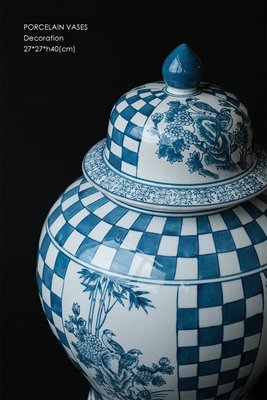 熱銷 家居“雙喜臨門”青花瓷棋盤格將軍罐儲物新中式擺件花瓶花器