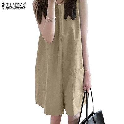 Zanzea 女式韓版休閒寬鬆無袖圓領闊腿短連身褲
