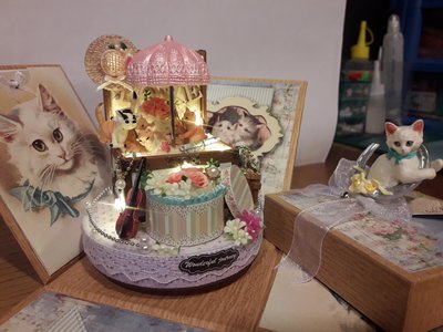 代客組裝袖珍屋  奇幻森林 糖果貓咪  旋轉音樂盒  爆炸禮盒 模型屋 娃娃屋 禮物，不含材料費