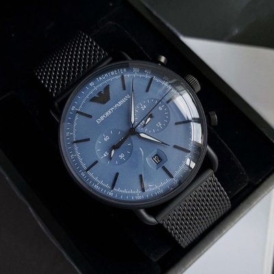 EMPORIO ARMANI Aviator 霧霾藍色錶盤 黑色編織不鏽鋼錶帶 石英 雙眼計時 男士手錶 AR11201