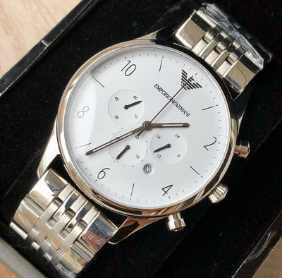 EMPORIO ARMANI 白色面錶盤 銀色不鏽鋼錶帶 石英 三眼計時 男士手錶 AR1879 亞曼尼腕錶