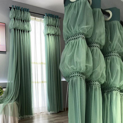 墨綠色窗簾2022年新款客廳臥室飄窗兒童遮光韓式INS公主網紅紗簾