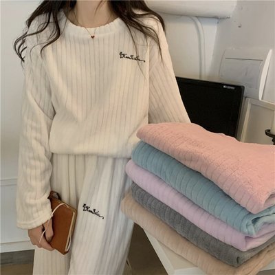 新款 韓版chic珊瑚絨糖果色家居服睡衣套裝兩件套