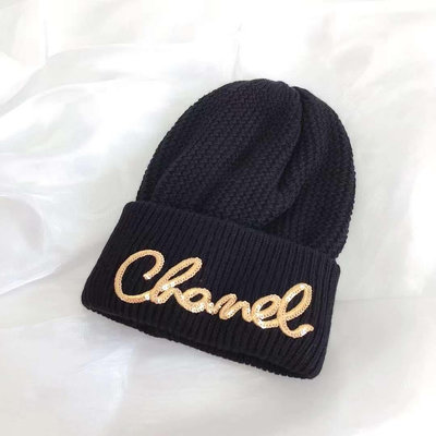 正品 chanel 經典款 英文草寫亮片黑色 毛帽