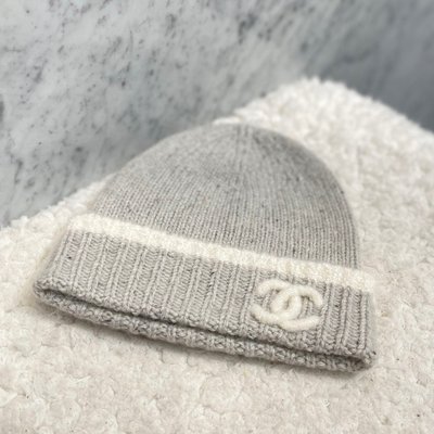 【翰貝格名牌館】全新真品 Chanel  灰色 拼色 白色 雙C 羊絨 毛帽 冷帽