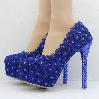 【現貨精選】Royal Blue Pumps 藍色蕾絲高跟鞋 藍色花朵高跟單鞋女 細跟鞋女
