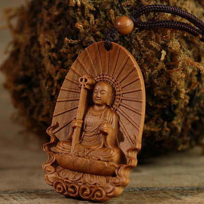 檀香木雕刻吊墜地藏王菩薩佛像娑婆三圣男女檀木隨身項鏈掛飾掛件