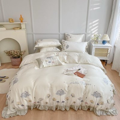 天絲萊賽爾TENCEL床包四件組 雙人床包/加大床包/特大床包 素色淡雅刺繡床單被套