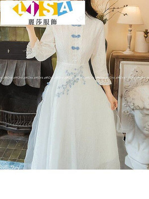 清新甜美改良式旗袍盤釦 脫俗白色蕾絲高腰連身洋裝-麗莎服飾