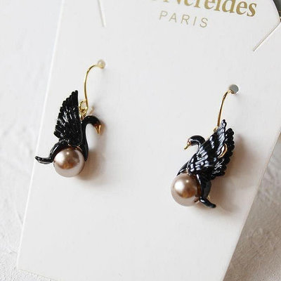 小Z代購#法國Les Nereides琺瑯釉首飾品 黑天鵝黑珍珠 耳環耳掛耳鉤 氣質