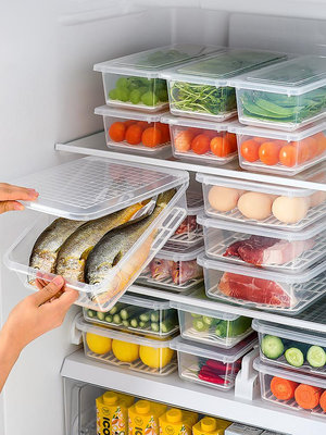 日式冰箱冷凍魚肉瀝水保鮮盒廚房分類收納盒塑料長方形帶蓋冷藏盒-泡芙吃奶油