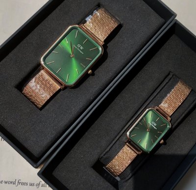 Daniel Wellington 綠色長方型錶盤 玫瑰金色不鏽鋼編織錶帶 石英 男 女 對錶 DW情侶錶