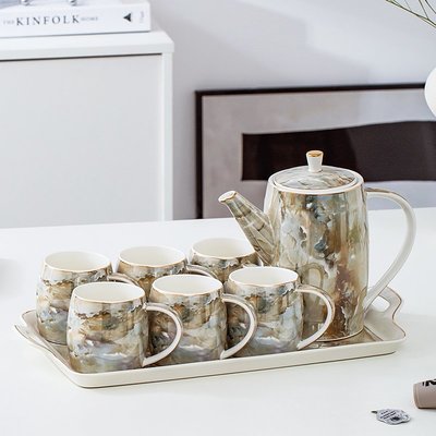 水杯水具套裝陶瓷家用輕奢北歐歐式客廳茶具下午茶茶壺杯子帶托盤~特價
