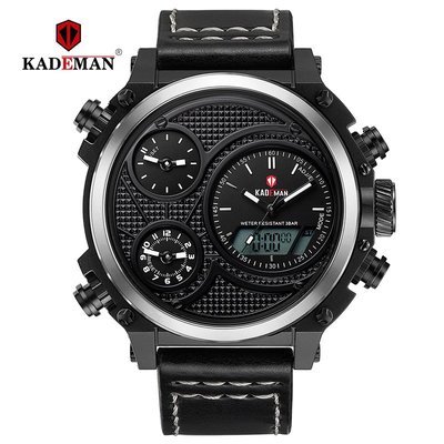 【潮裡潮氣】KADEMAN卡德曼男士多功能運動手錶雙時區超大錶盤皮帶石英手錶156