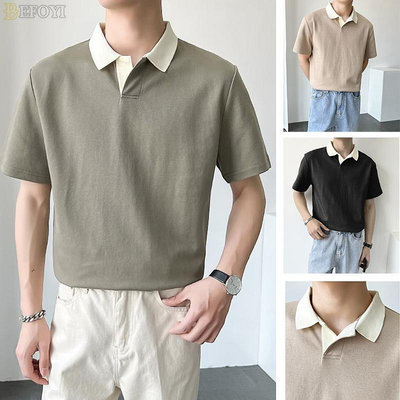 男士 Polo 衫針織短袖韓版寬鬆休閒 Polo 男士色 T 恤男士個性卡其色 Polo 衫（滿599免運）