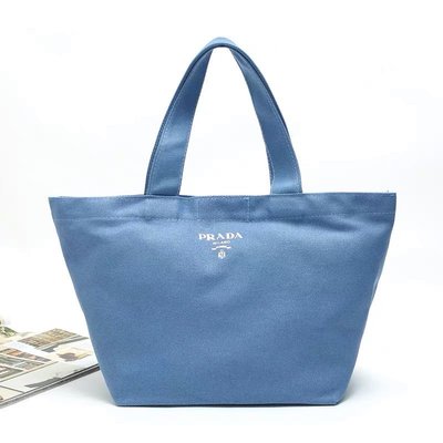 ☆╮PRiNcEsS-Mine╭☆霧霾藍大容量帆布手提袋 購物袋 Prada化妝品購物袋