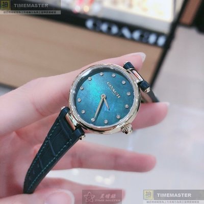 COACH手錶,編號CH00075,24mm金色圓形精鋼錶殼,藍綠色簡約, 中二針顯示, 貝母錶面,綠真皮皮革錶帶款