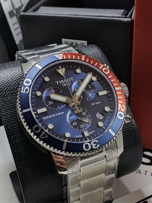 TISSOT Seastar1000 紅藍可樂圈 藍色錶盤 銀色不鏽鋼錶帶 石英 三眼計時 男士手錶T1204171104103 /天梭300米潛水錶