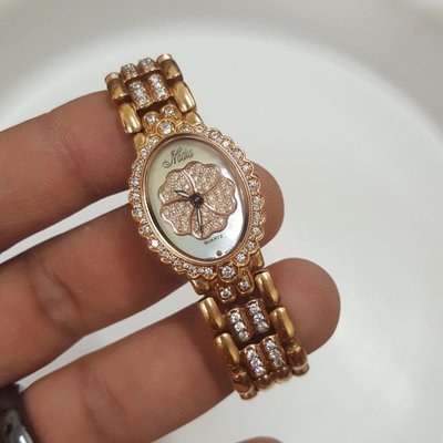 日本帶回 高級錶 ☆鑲鑽 ☆山茶花 包金手鏈錶 漂亮 手圍15.5cm 石英錶 A10